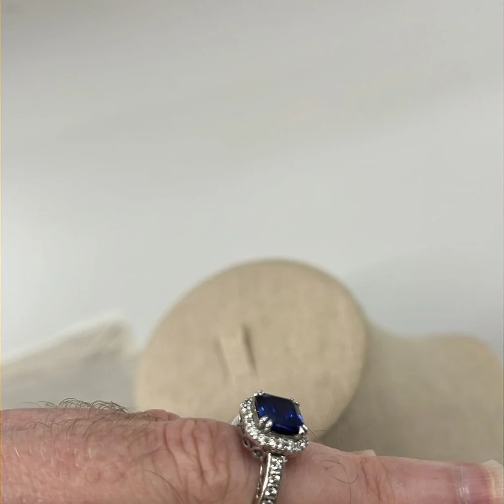 Sterling Silver 925 ๐ Blue Sapphire CZ Halo Ring - Size 7 - Picture 13 of 17